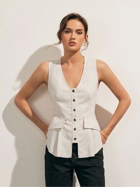 Commense Cream Linen Blends Raw Hem Button Up Vest